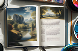 The image shows an open art book in an artist’s workspace with a landscape painting on the left page and text on the right. Surrounding the book are artist tools and materials, and the setting is well-lit, suggesting a peaceful and creative environment.