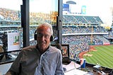 Ken Korach in the broadcast booth at the Oakland Coliseum. Photo courtesy of the Las Vegas Review-Journal.