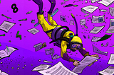 A scuba diver going diving into a sea of research reports and numbers