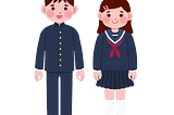 ภาพการ์ตูนเด็กชายและเด็กหญิงญี่ปุ่นแต่งกายในชุดนักเรียน
