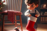 A little boy holding a stocking, next to a chair, and a mouse.