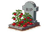 A cartoon depiction of some tomatoes growing on a grave.