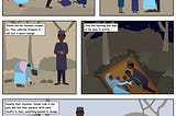 Illustrated story of Zainab, displaced from her home in Borno with her husband and three children.