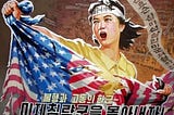 Young Korean girl wearing a yellow button up tears apart an American flag. There is Korean text at the bottom of the picture.