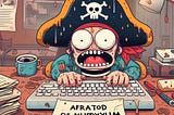 Cartoon of sweating pirate afraid and typing with note that says afratod to muddyyum.