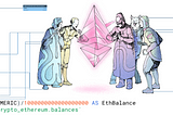 Ethereum Logo with characters standing around.