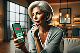 Here is the image of a midlife woman looking thoughtfully at her phone with a dating app open, sitting in a cozy living room. The background shows a modern apartment with soft lighting.