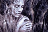 Fantasy artwork showing a woman entwined with roots