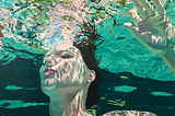 Painting of a woman swimming underwater.