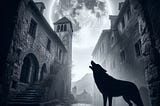 A wolf howls at the moon in a ancient Czech village.