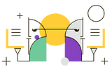 An abstract picture where two geometric faces look different but are connected with a line, with a yellow circle in the middle and behind both of them.