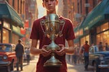 A high school boy holding a very large silver trophy, with a pleasant city street scene in the background.