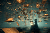 A surreal, futuristic library filled with glowing books floating in mid-air, some open and being written on by robotic arms while others emit holographic words. In the background, a human silhouette sits alone reading, blurred and fading into binary code. Moody, cinematic lighting with a mix of warm amber tones and cold blue light, evoking a sense of wonder and unease.