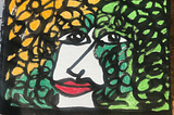 Drawing in black China ink and oil pastel in several shades of yellow and green and a shade of red.  A stylized human face with eyes and nose in black, the mouth in black lining and red filling. The curly hair in black lining fills 2/3 of the page, going through the face. Between the hair strands, the colors appears.