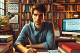 A graduate school applicant sitting at a desk filled with books and papers, looking thoughtful and focused while writing a personal statement. The background shows shelves with academic journals, a computer with academic websites open, and a bulletin board with notes about different universities. The setting is a cozy study room with warm lighting, reflecting dedication and intellectual engagement.