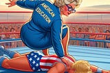 A stylized illustration of a wrestling match features an older woman with curly white hair, glasses, and a blue tracksuit labeled “AMERICAN EDUCATION” on the back. She is pinning down a muscular blonde wrestler dressed in a patriotic outfit with stars and stripes. The wrestler is lying face-down on the mat, seemingly defeated. The background shows a cheering crowd in a wrestling arena, with warm hues of a sunset sky. The image conveys a metaphorical struggle.