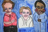 Artwork by Lois Curtis that shows her and the other two people involved in the Olmstead case. They are painted vibrantly on a blue background.