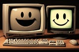 Two 1990s-era PC monitors with happy faces sitting side by side, next to a 1990s-era keyboard and mouse.