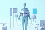 minimalistic hospital with person strapped with multiple devices, smooth 3d render , light blue background