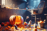 Mice scramble amongst a smashed pumpkin in a dimly lit kitchen. On the floor an abandoned star tipped magic wand, and bucket full of cleaning items.