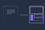Navy blue background with illustration of text prompt UI and an arrow connect to another illustration of a UI screen design with purple and white color scheme
