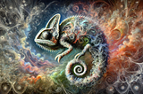 An abstract, surreal AI form made of swirling fractals and translucent textures dissolves into a dreamlike digital landscape of neural patterns, glowing streams, and symbolic human masks.