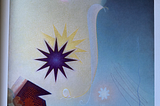 An image of a painting with a pale blue background and a yellow and purpose star
