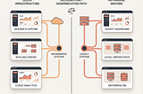 Cloud vs on-premise legacy system modernization architecture comparison showing enterprise cloud infrastructure and local servers connected with data flows.