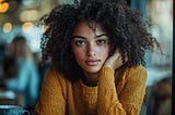 A beautiful woman of color on a contemplative coffee break.