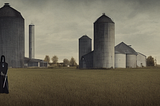 This A.I. generated image from replicate.com features two spooky looking grim reapers in a large field in front of a barn