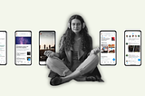 A woman with curly hair, glasses, and headphones sits cross-legged in meditation, a row of screenshots from Twitter/X behind her.