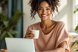 Beautiful professional Black woman working on her laptop and sipping coffee