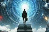 A man ascends the stairs with a briefcase, stepping into the future.