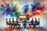 Business people sitting around a big radio bursting with color and emotion.