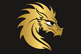 Graphic of smug golden dragon head on black background