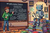 A human teaching a robot agent a test-writing skill. The robot is sitting atop a pile of previously learned skills.