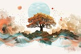 Softly colored illustration showing ribbons of waves, a central tree, planets, clouds and abstract shapes