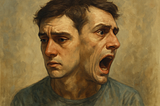 Illustration of a man showing two contrasting facial expressions — calm and distressed — symbolizing the duality of mind in schizophrenia.