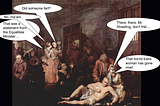 Scene from Rakes Progress by Hogarth, in the madhouse. A well-to-do woman has come to visit. In the foreground, a naked man lies forlornly on the floor.