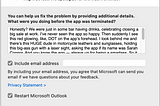 Screen capture of a Microsoft Error Reporting form, saying “What were you doing before the app was terminated?”