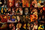 Collage of 24 digital paintings of characters used as covers for the serial novel Secrets of the Velvet Trap.