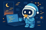 A cute blue robot wearing a winter hat sits at a laptop computer, holding a steaming mug of coffee. The scene shows a cozy nighttime coding environment with a crescent moon visible through a window, floating code symbols, and warm golden code displayed on the laptop screen.