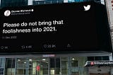 A banner displaying a December 2020 tweet by Dionne Warwick that says “Please do not bring that foolishness into 2021.”