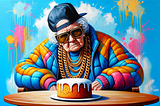 An elderly lady in colourful hip hop attire with a cake.