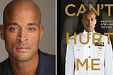 Portrait of David Goggins next to cover of book.