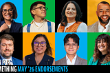 Graphic collage featuring seven Run for Something candidates in professional portraits against bright blue, green, yellow, and black backgrounds. Text reads: “Run for Something May ’26 Endorsements.”