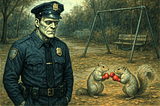 Police Officer Frankenstein in the park with boxing squirrels.