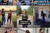 A screenshot of an Instagram search result page with many reels touting the purported benefits of walking with weighted vests