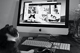 A black and white photo of a tuxedo cat sitting at a desktop computer. The cat appears to be on Zoom with six other cats.