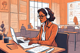 Cartoon woman sat at a desk, using a laptop with headphones on. The desk has paper on it, and the room has research-like papers on the walls.